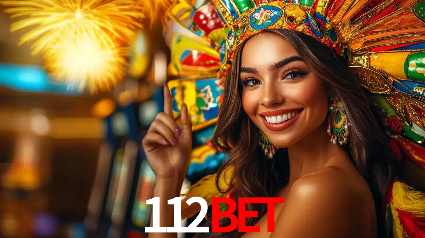 Mulher sorridente com um cocar de carnaval vibrante e colorido, celebrando uma grande vitória nos jogos do cassino 112BET com fogos de artifício ao fundo.