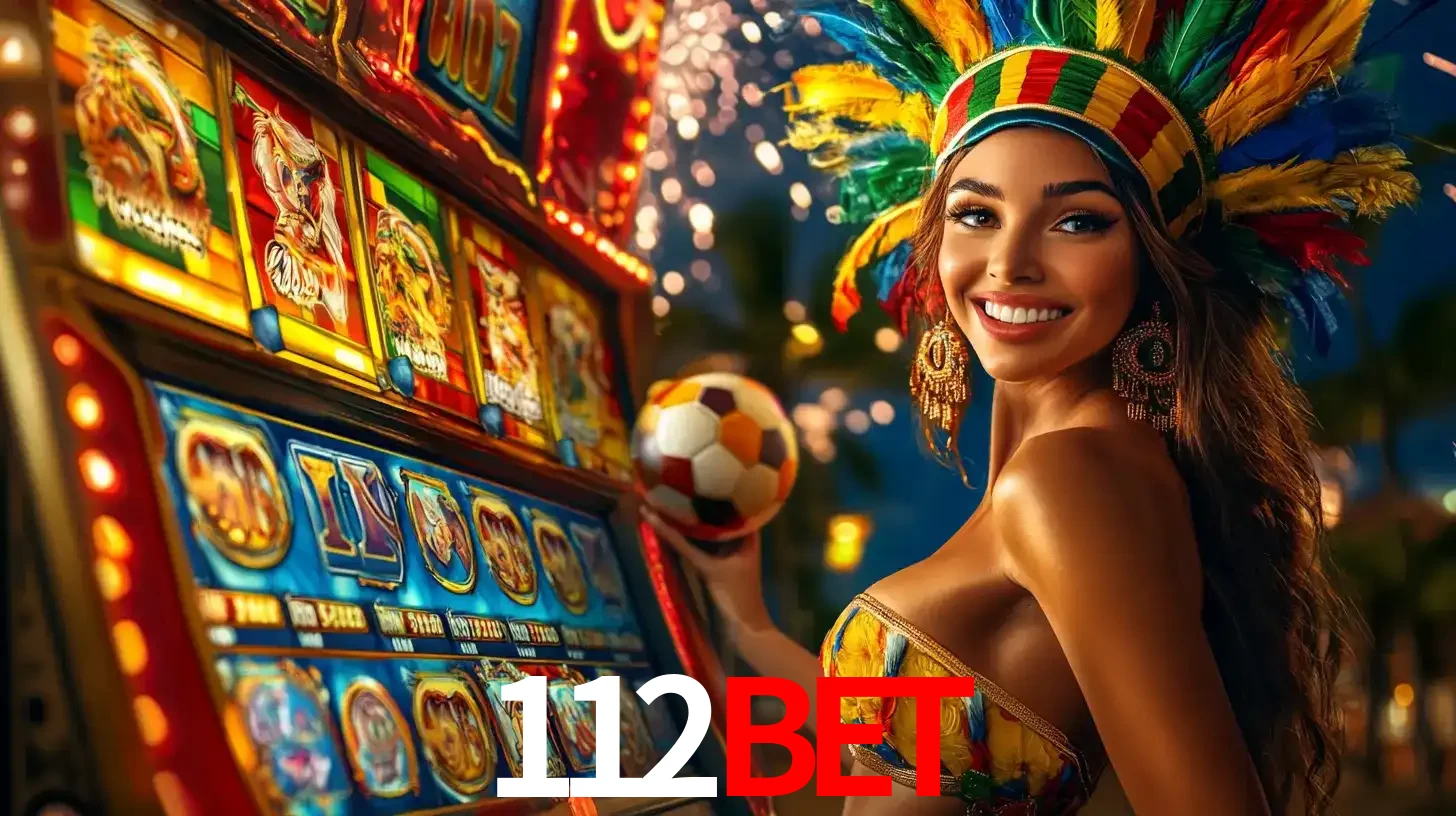 Mulher com um cocar de carnaval ao lado de uma máquina de caça-níqueis enquanto segura uma bola de futebol, mostrando a união da diversão de cassino e esportes no 112BET.