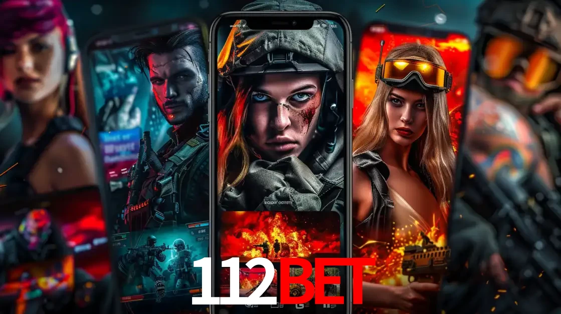 Montagem de telas de celular mostrando diversos personagens, masculinos e femininos, de um jogo de tiro, ilustrando a diversidade de equipes de e-sports para apostar no 112BET.