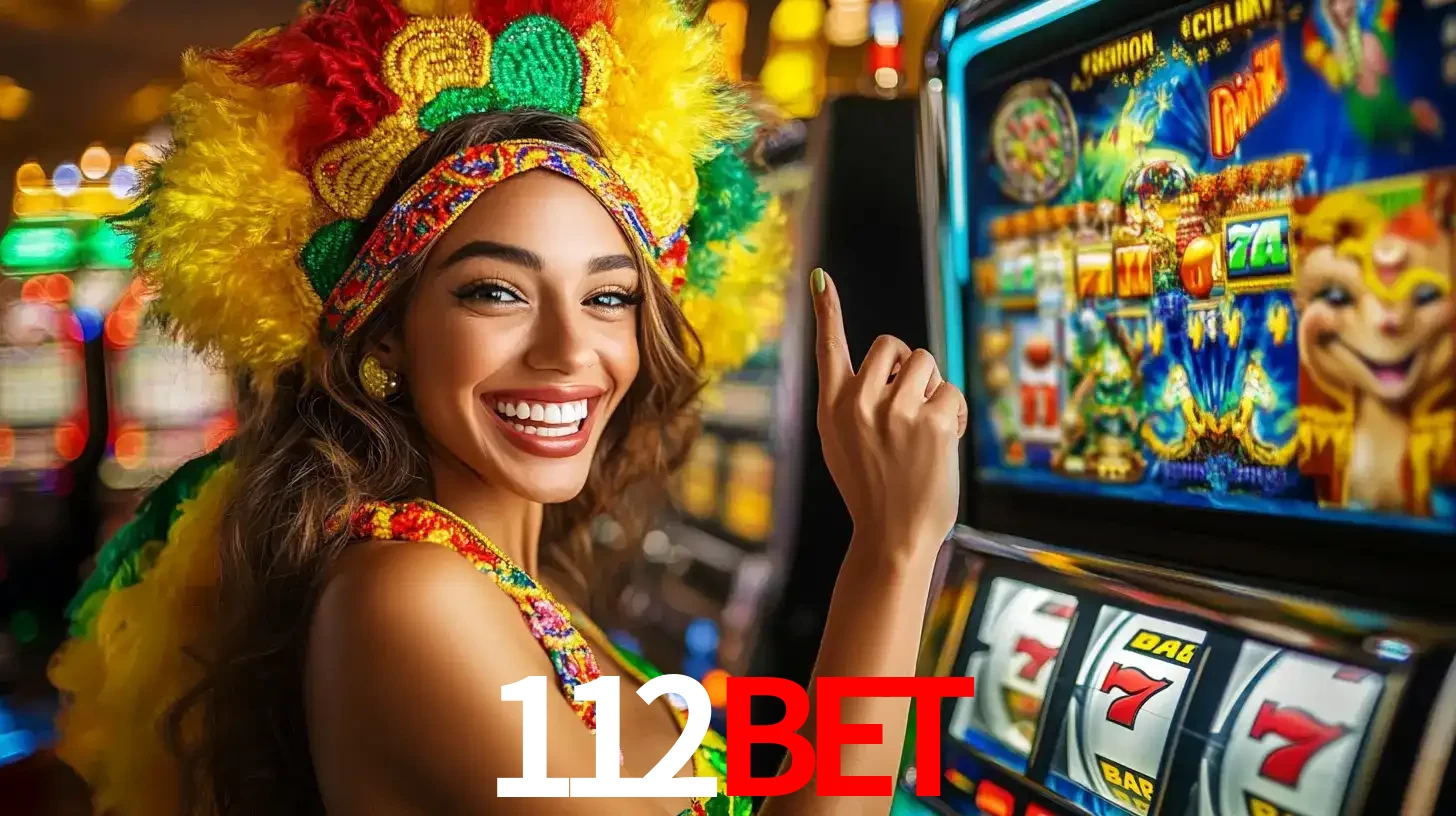 Mulher animada com um cocar de carnaval apontando para uma máquina de caça-níqueis, mostrando a emoção de ganhar um grande prêmio nos jogos do 112BET.