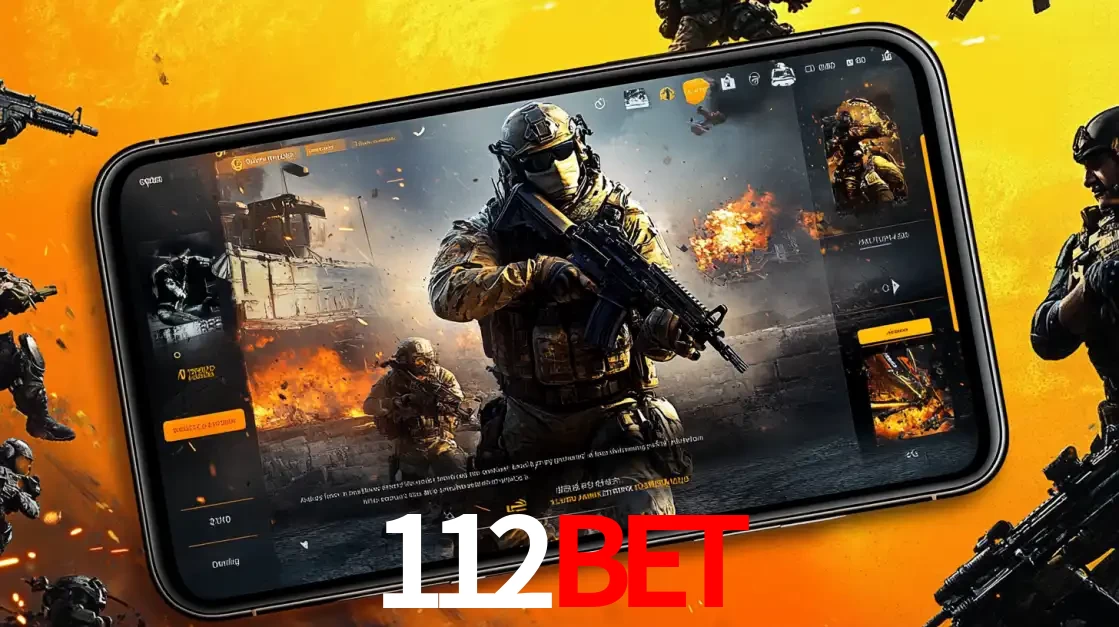 Um smartphone exibindo a interface de um jogo de tiro em primeira pessoa, com um soldado em um cenário de batalha, representando a ação dos e-sports para apostar no 112BET.