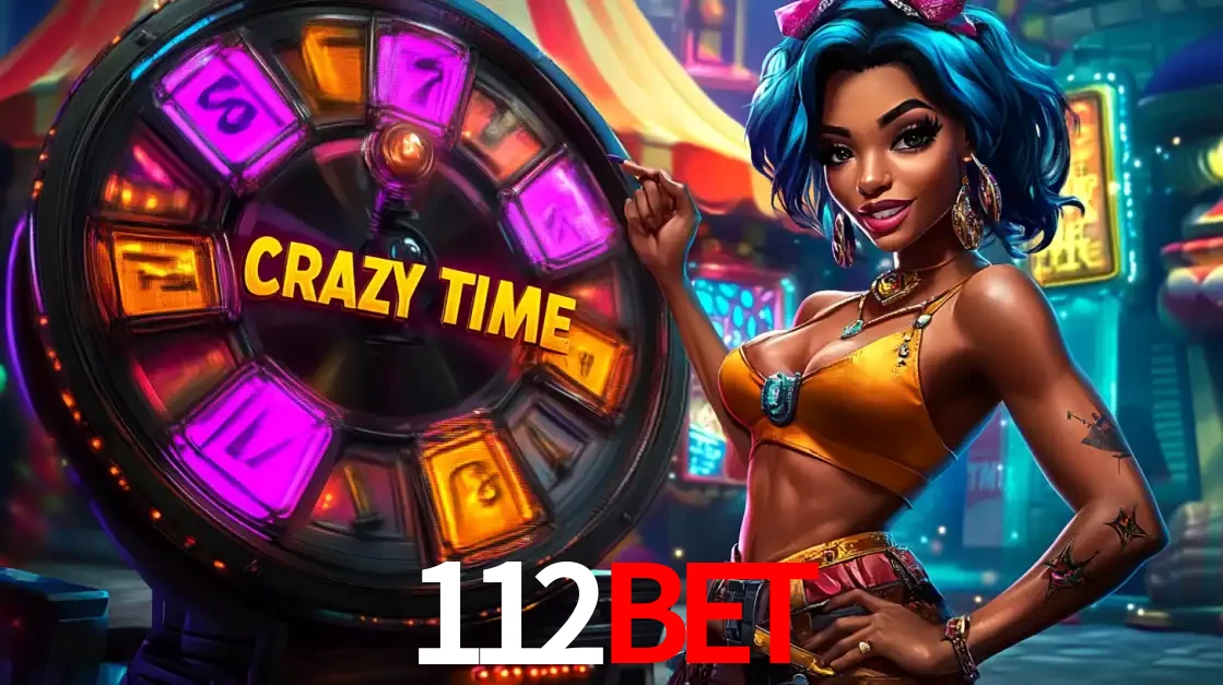 Mulher estilizada com cabelo azul e visual vibrante posando ao lado da roda de prêmios do game show Crazy Time, convidando para a diversão e os bônus do cassino 112BET.