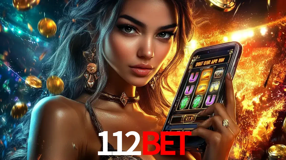 Mulher elegante mostrando um jogo de caça-níqueis em seu smartphone, destacando a experiência de cassino móvel oferecida pelo aplicativo 112BET.