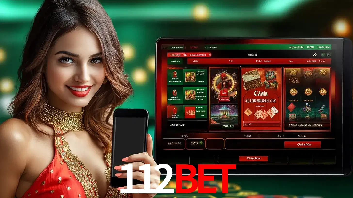 Mulher sorridente segurando um smartphone, ao lado de uma tela exibindo o lobby de jogos do cassino online 112BET, com várias opções de jogos de cartas e slots.